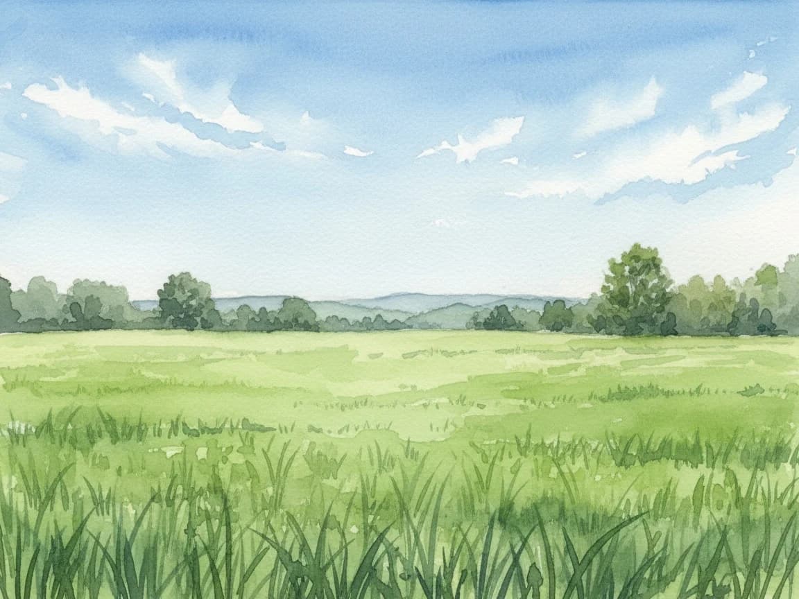 Watercolor of an open green meadow under a wide blue sky, with low hills behind.