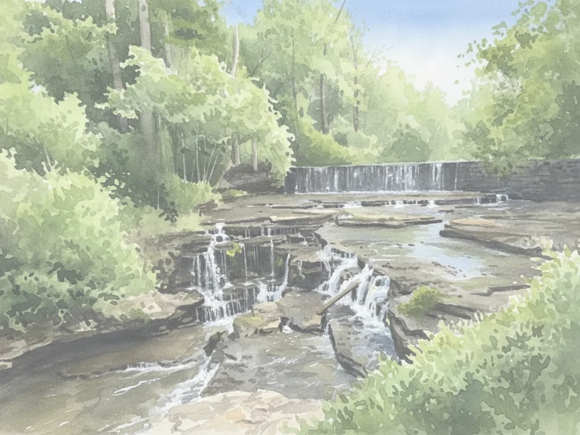 Watercolor of a creek spilling over low rock ledges below a stone dam, with spring woods on both banks.