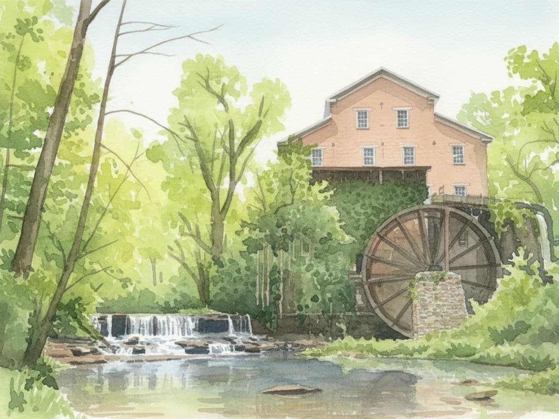 Watercolor of Falls Mill, a brick mill with a large wooden waterwheel beside a creek.