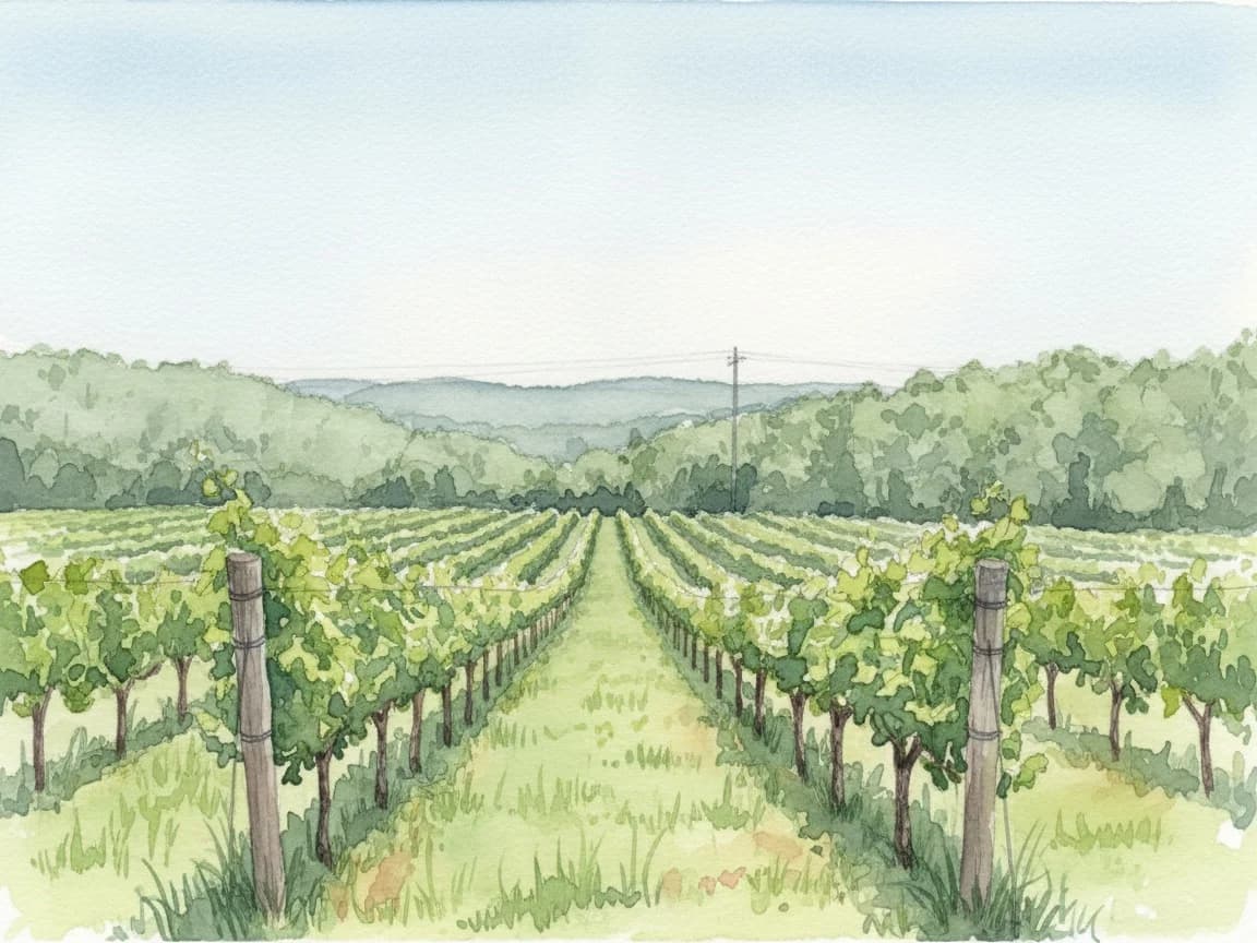 Watercolor of vineyard rows running toward wooded hills under a pale sky.