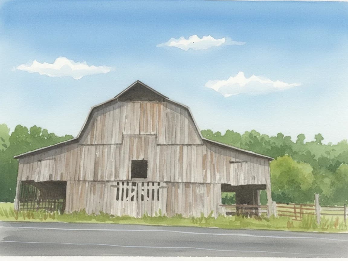 Watercolor of a weathered gray barn beside a country road under a blue sky.