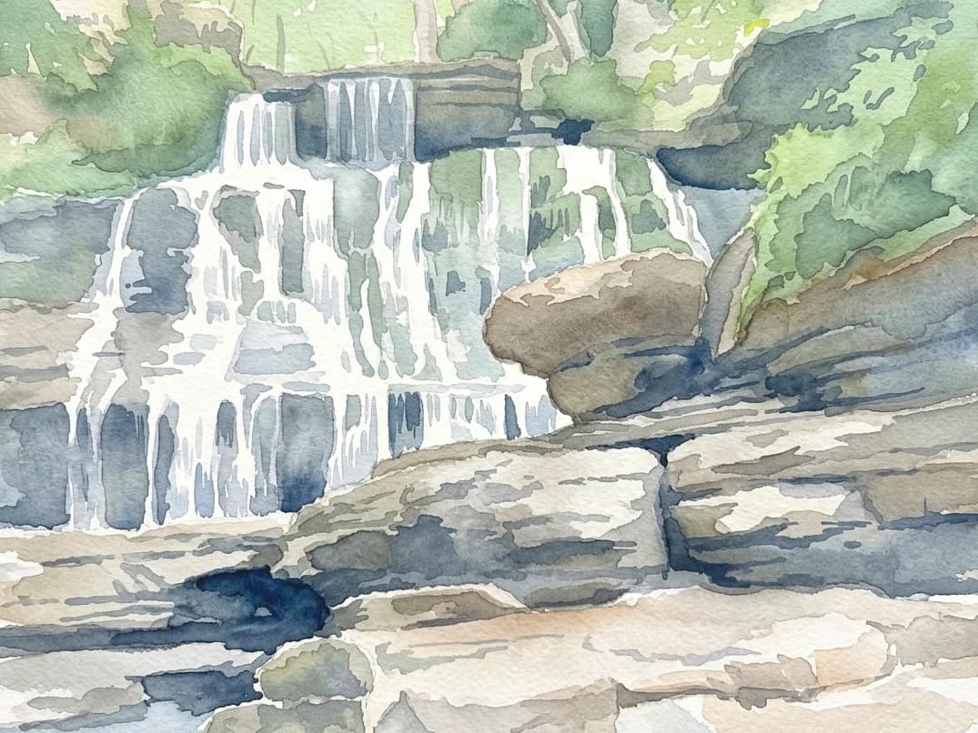 Watercolor of Machine Falls spilling over rock ledges in the woods.