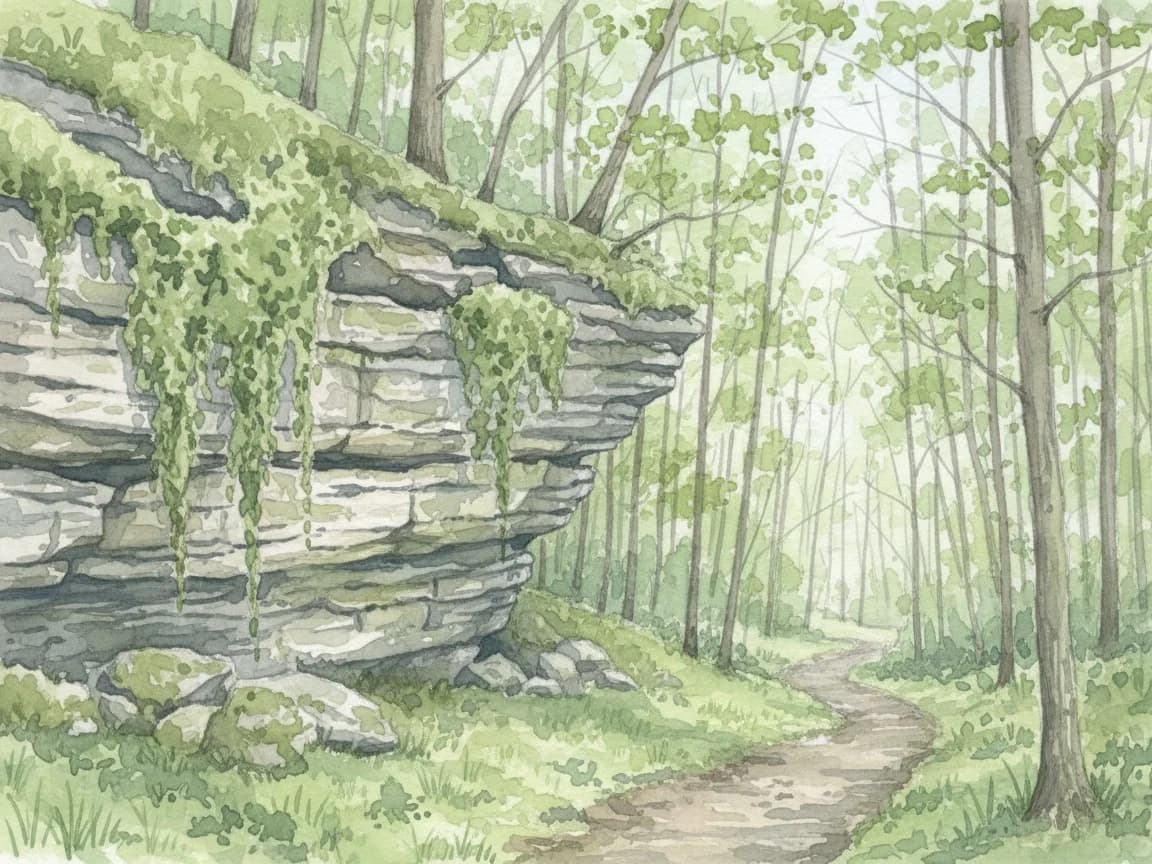 Watercolor of a mossy limestone bluff above a woodland path.