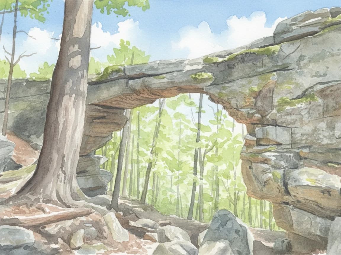 Watercolor of the Sewanee Natural Bridge, a sandstone arch among trees.
