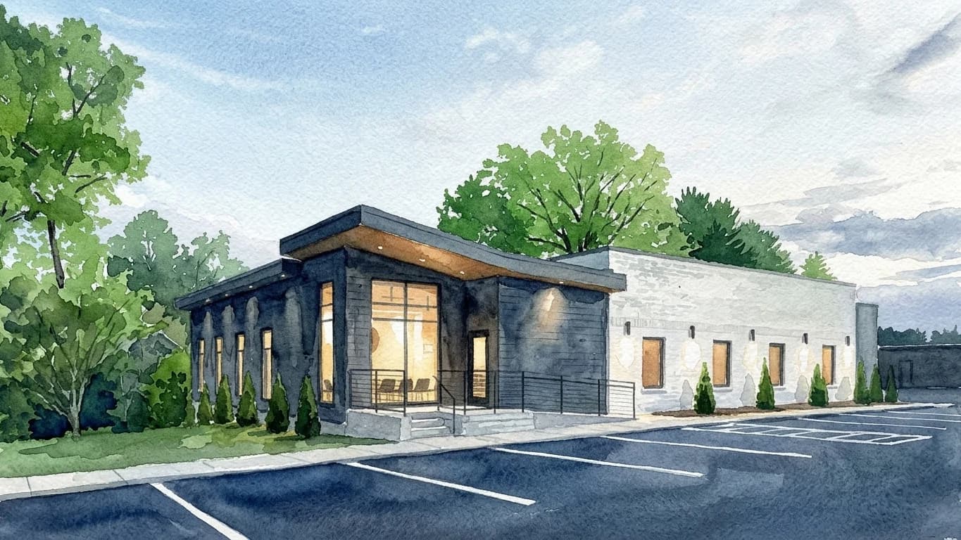 A watercolor painting of the Winchester Family Dentistry building at 1741 Bypass Road